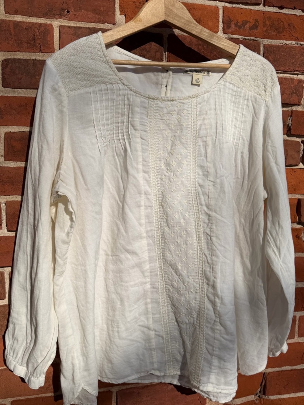 Ruff Hewn Cream Embroidered Pintuck Long-Sleeve Tunic
